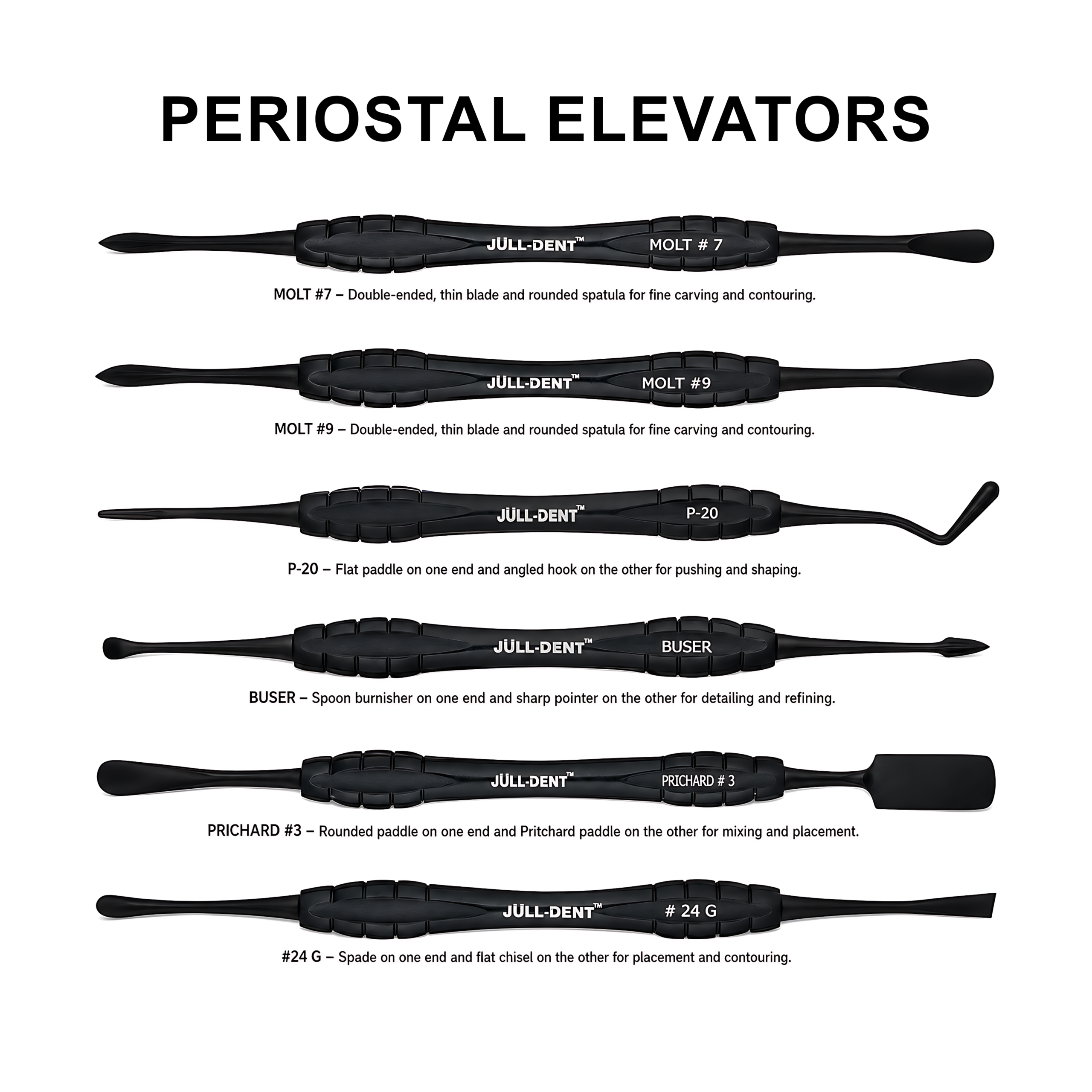 Julldent 032 Periosteal Elevators / 24G/Hirschfield /Molt 7/Molt 9/ Prichard /Buser